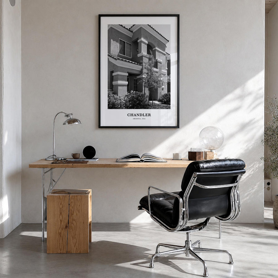 Chandler black & white classic poster of Arizona, USA – vertical wall art in black wood frame, hanging on wall