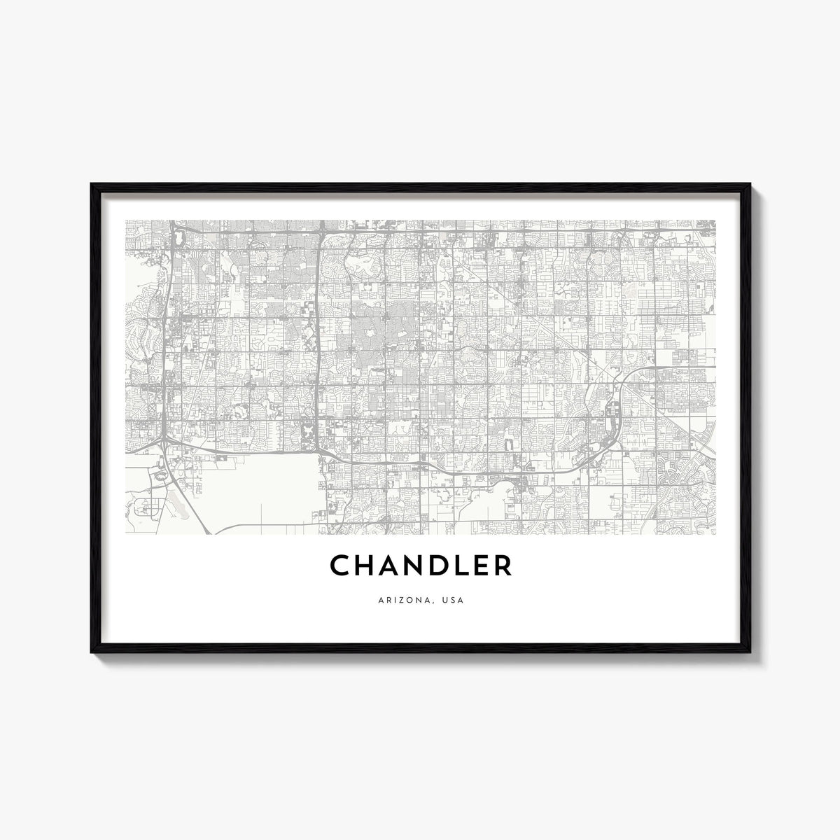 Chandler black & white map poster of Arizona, USA – horizontal wall art, unframed print shown in interior mockup