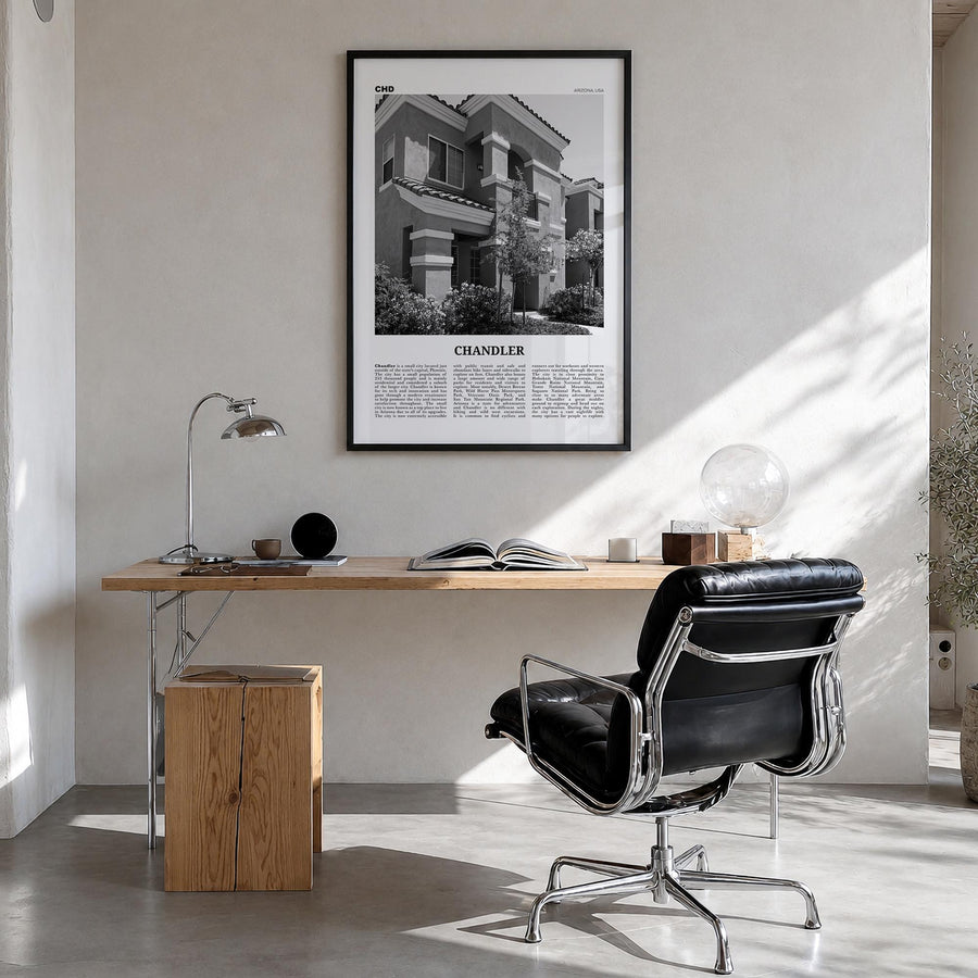 Chandler black & white newspaper poster of Arizona, USA – vertical wall art in black wood frame, hanging on wall