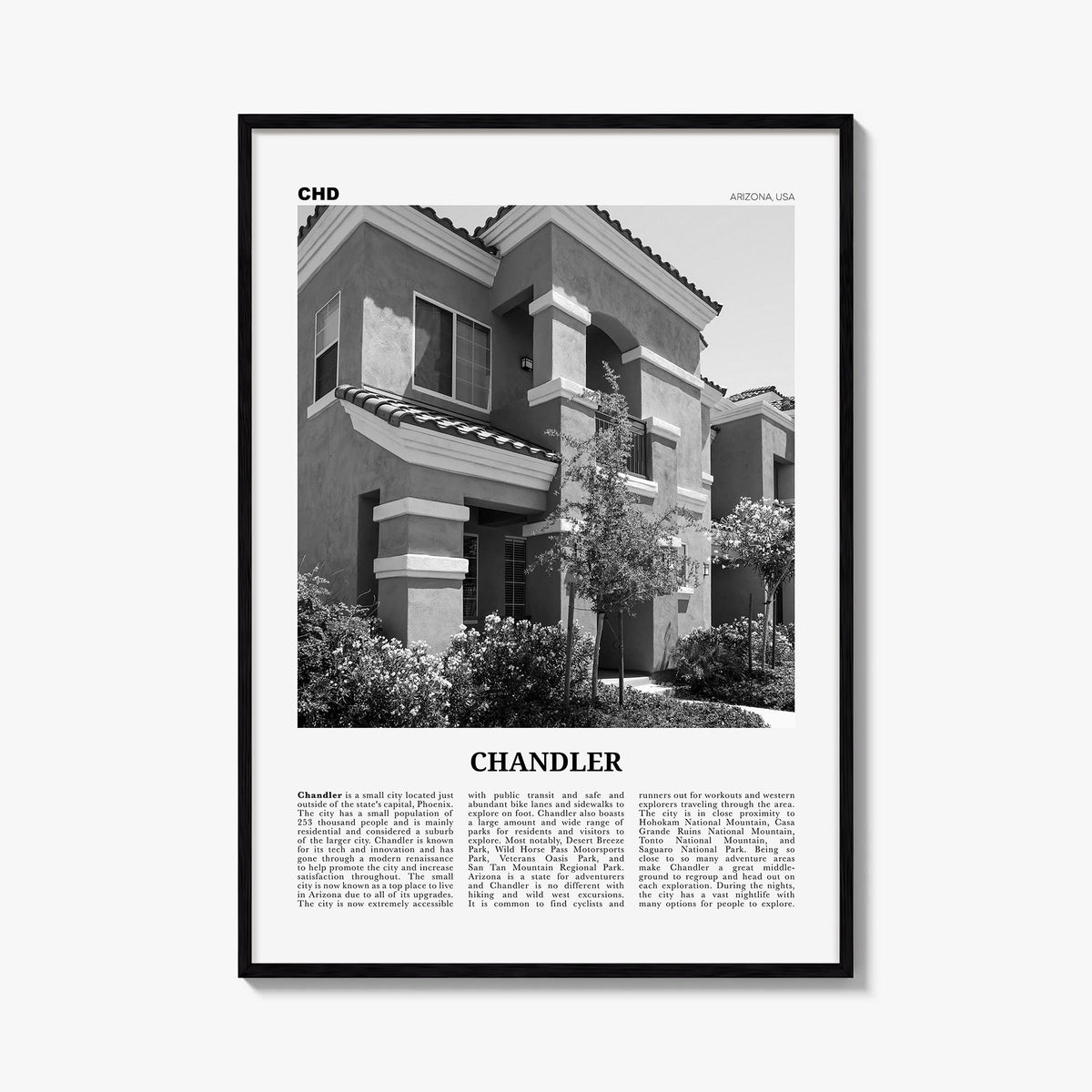 Chandler black & white newspaper poster of Arizona, USA – vertical wall art, unframed print shown in interior mockup