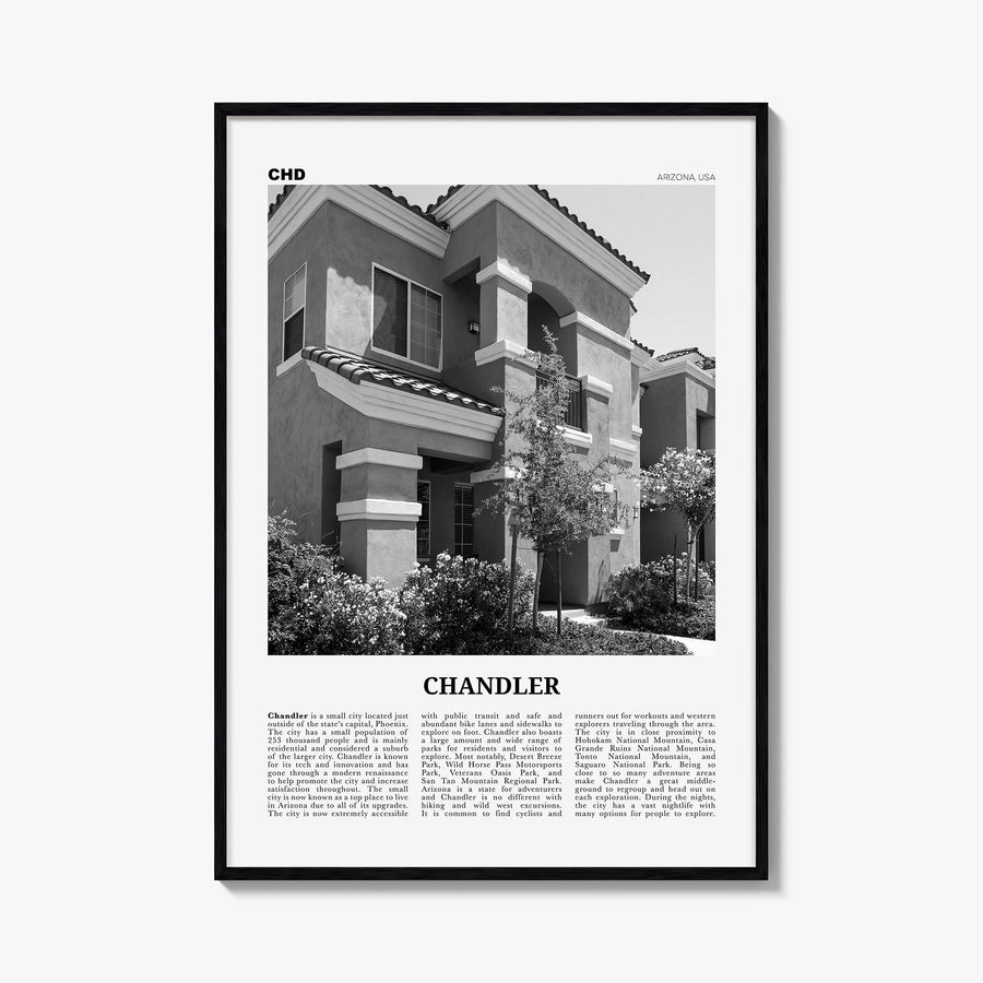 Chandler black & white newspaper poster of Arizona, USA – vertical wall art, unframed print shown in interior mockup
