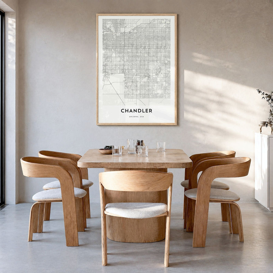 Chandler Map Poster in a natural wood frame, hanging in a dining room