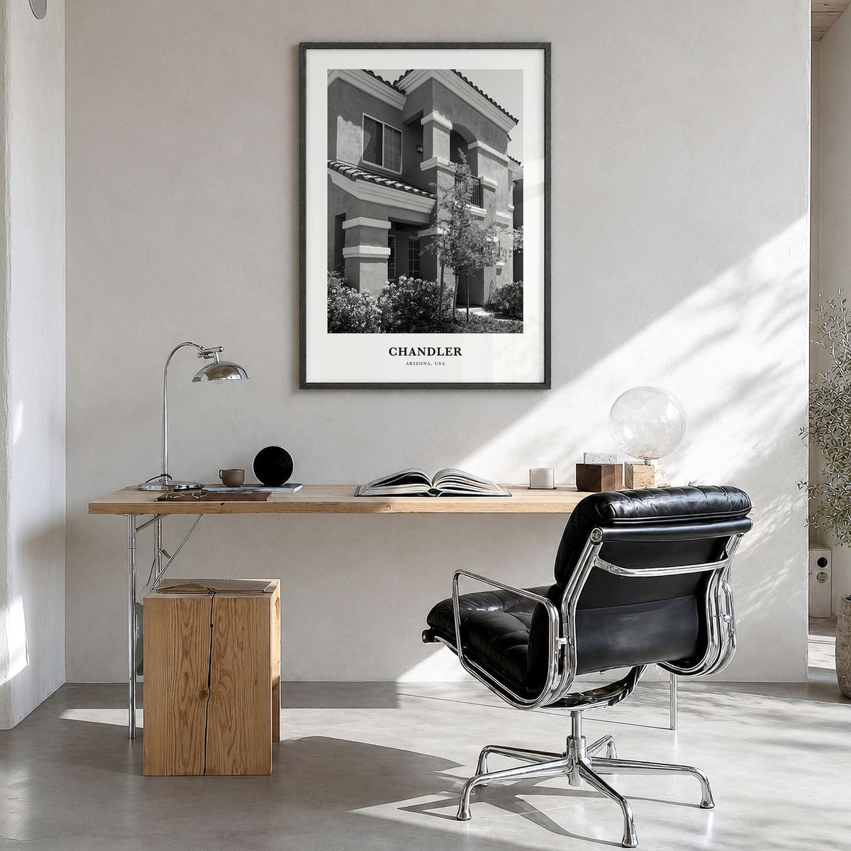 Chandler Classic Poster in a black wood frame, hanging in a bright home office