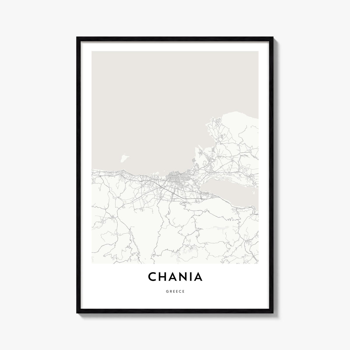 Chania black & white map poster of Greece – vertical wall art, unframed print shown in interior mockup