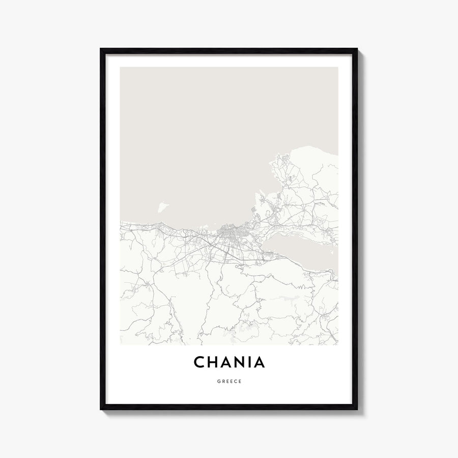 Chania black & white map poster of Greece – vertical wall art, unframed print shown in interior mockup