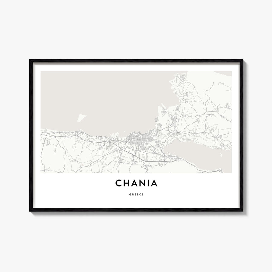 Chania black & white map poster of Greece – horizontal wall art, unframed print shown in interior mockup