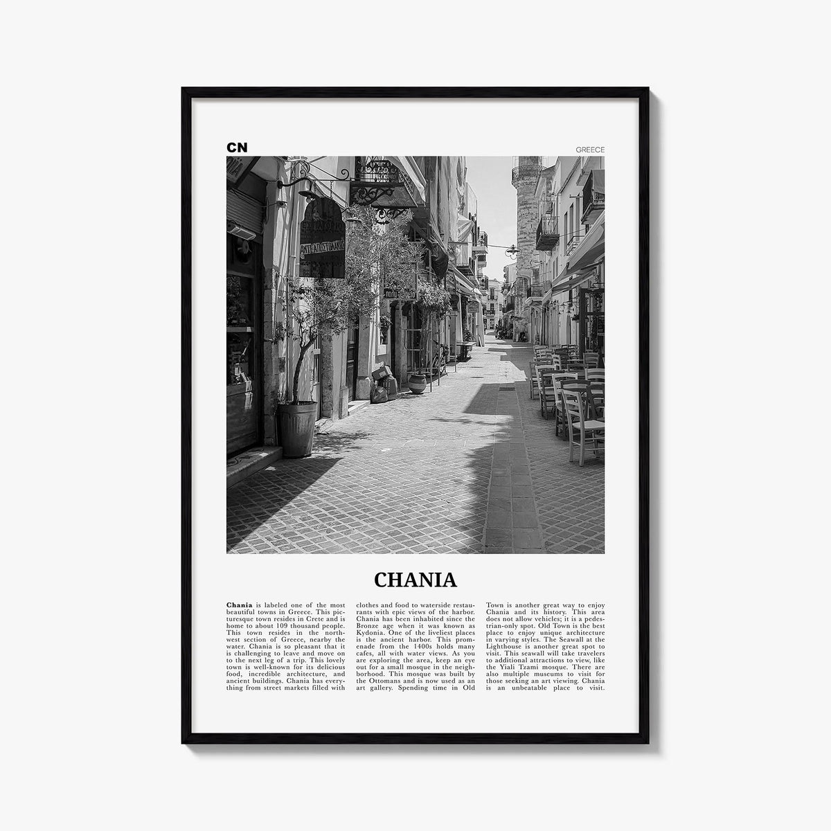 Chania black & white newspaper poster of Greece – vertical wall art, unframed print shown in interior mockup