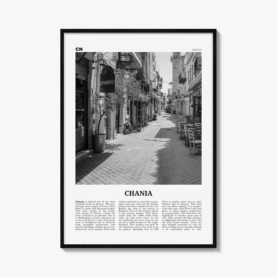 Chania black & white newspaper poster of Greece – vertical wall art, unframed print shown in interior mockup