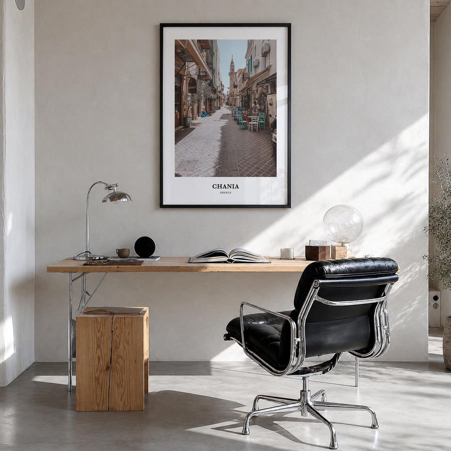Chania colorful classic poster of Greece – vertical wall art in black wood frame, hanging on wall