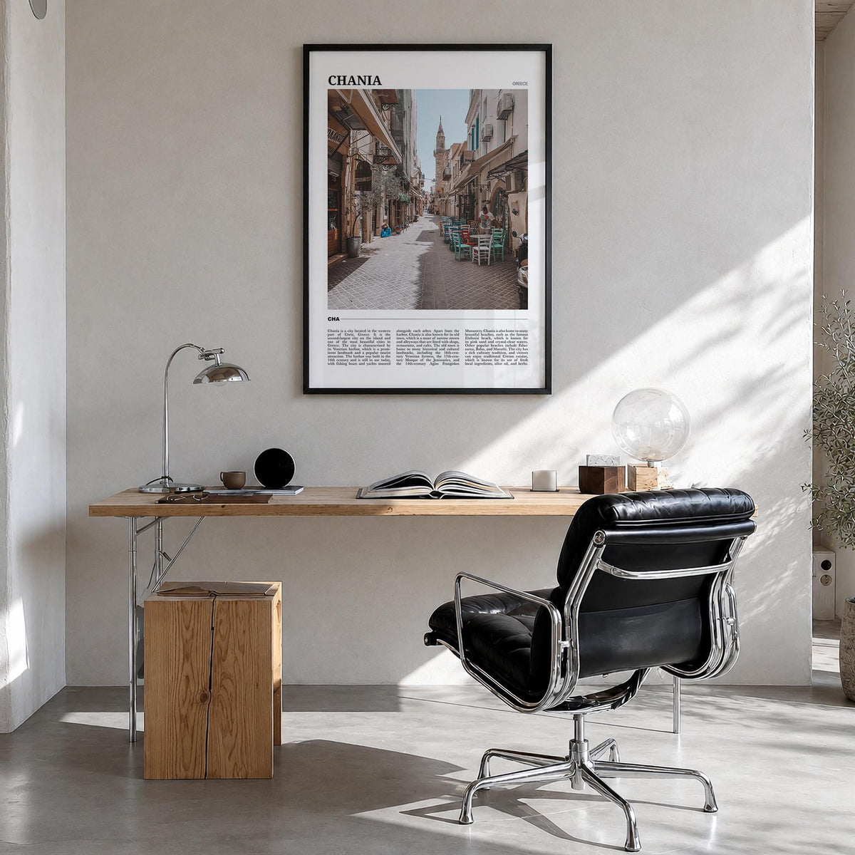 Chania colorful travel poster of Greece – vertical wall art in black wood frame, hanging on wall