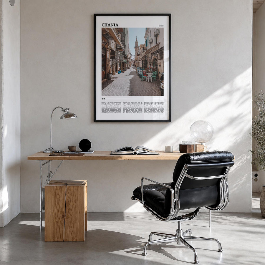 Chania colorful travel poster of Greece – vertical wall art in black wood frame, hanging on wall