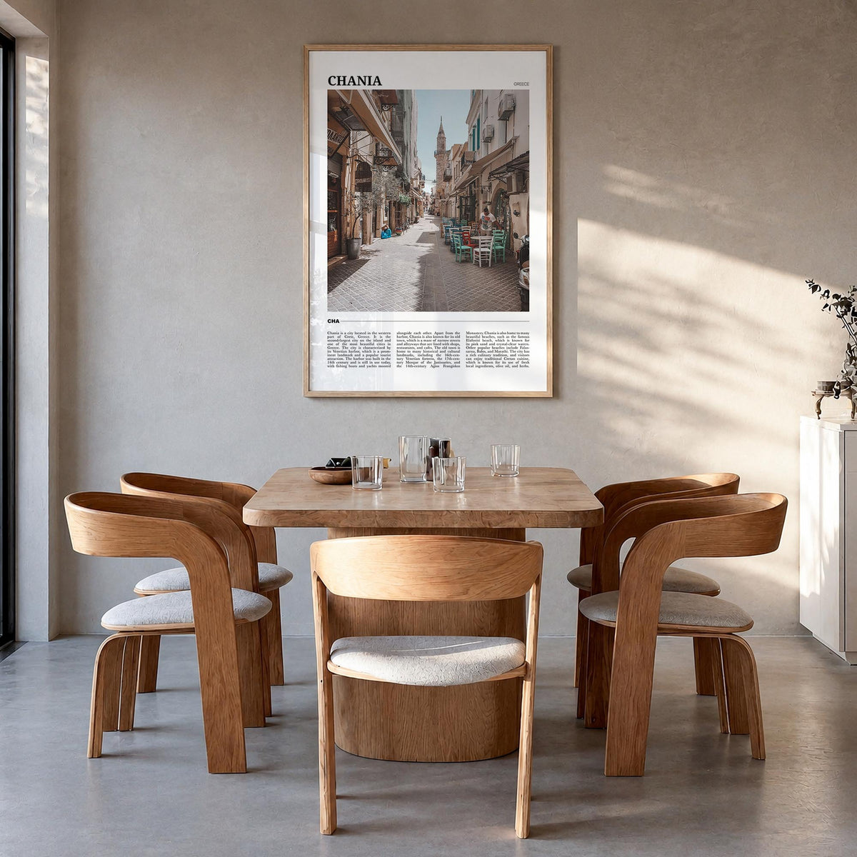 Chania colorful travel poster of Greece – vertical wall art in natural wood frame, hanging on wall