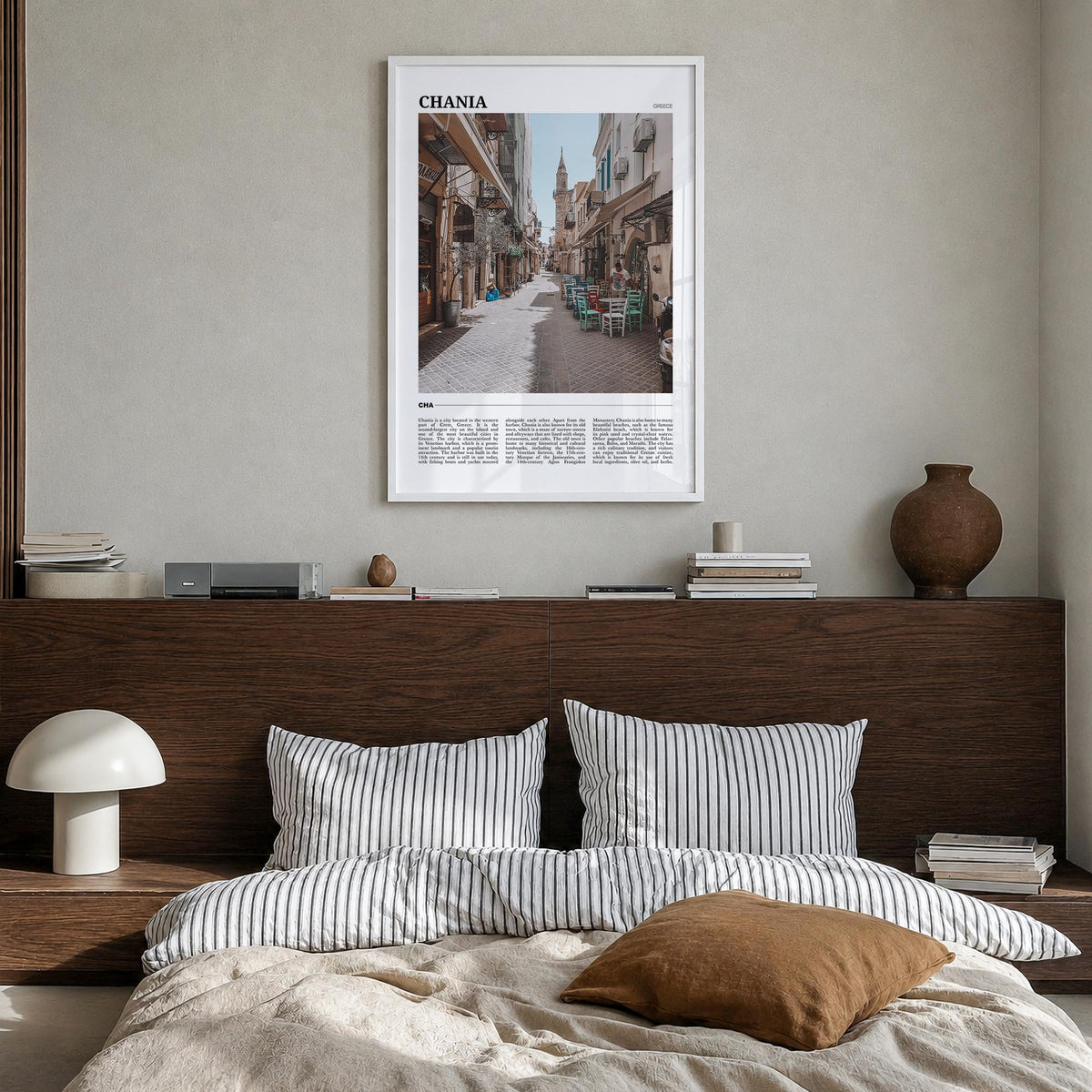 Chania colorful travel poster of Greece – vertical wall art in white wood frame, hanging on wall