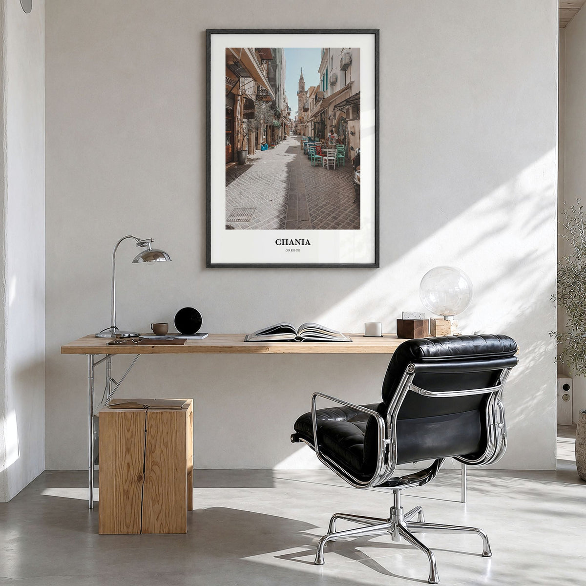 Chania Classic Poster in a black wood frame, hanging in a bright home office