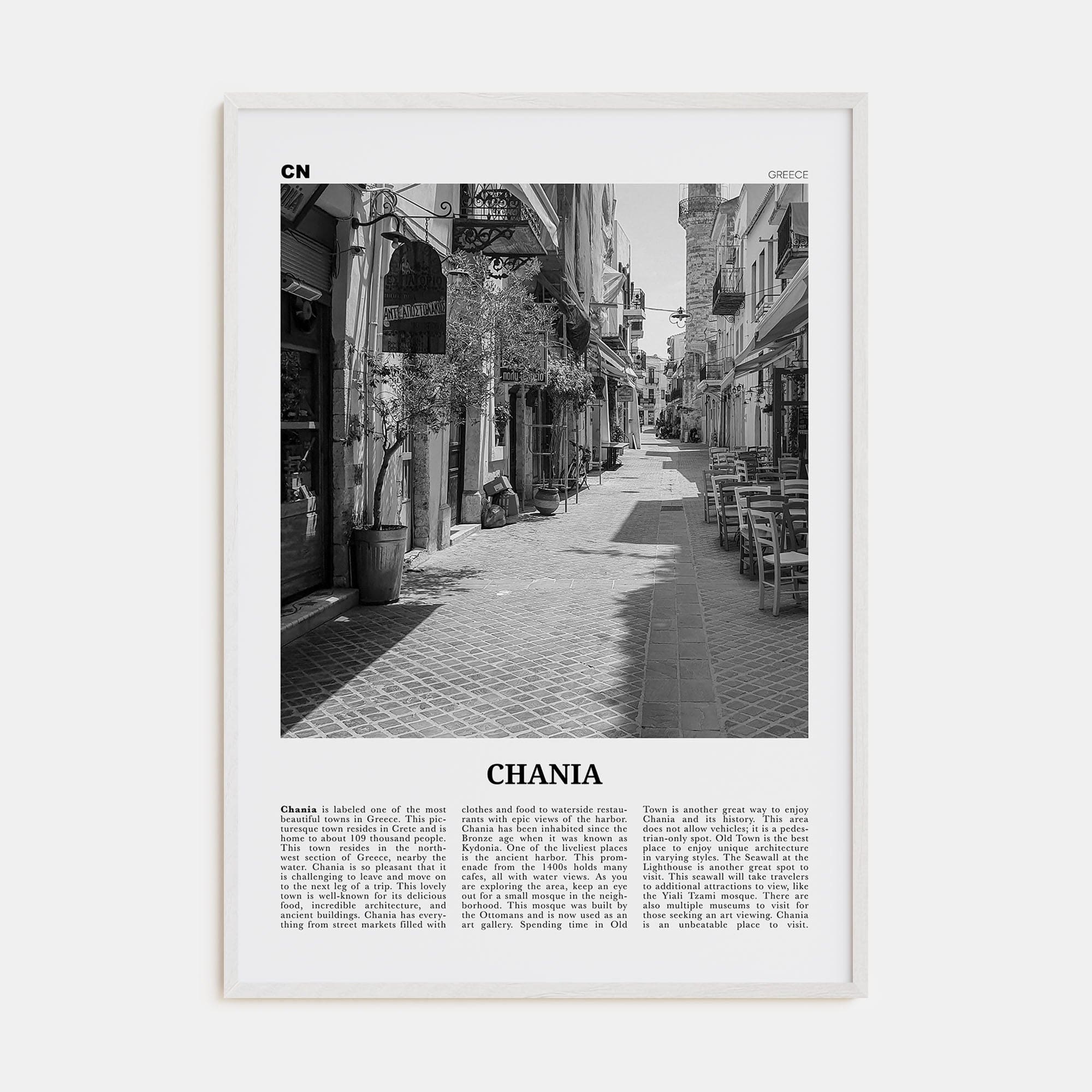 Chania Poster White Wood / 8x12 in Nbourhood Travel B&W Poster