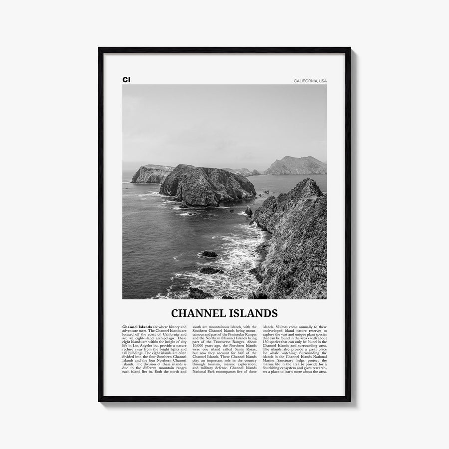 Channel Islands, California black & white newspaper poster of California, USA – vertical wall art, unframed print shown in in