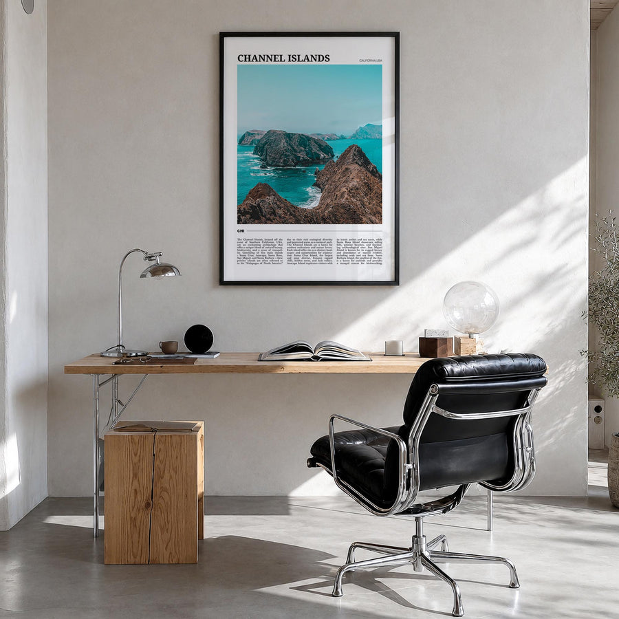Channel Islands, California colorful travel poster of California, USA – vertical wall art in black wood frame, hanging on wal
