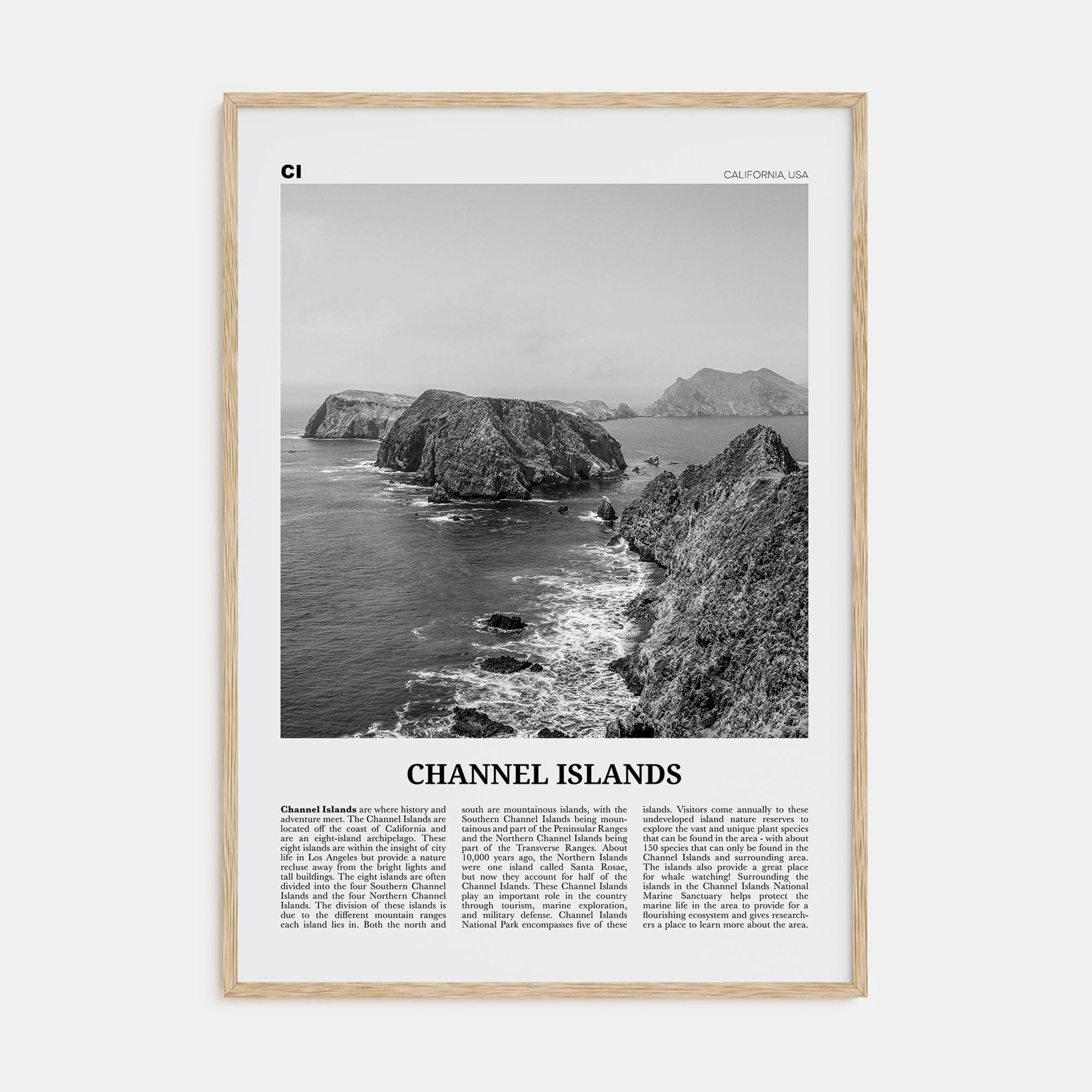 Channel Islands, California Poster Natural Wood / 8x12 in Nbourhood Travel B&W Poster