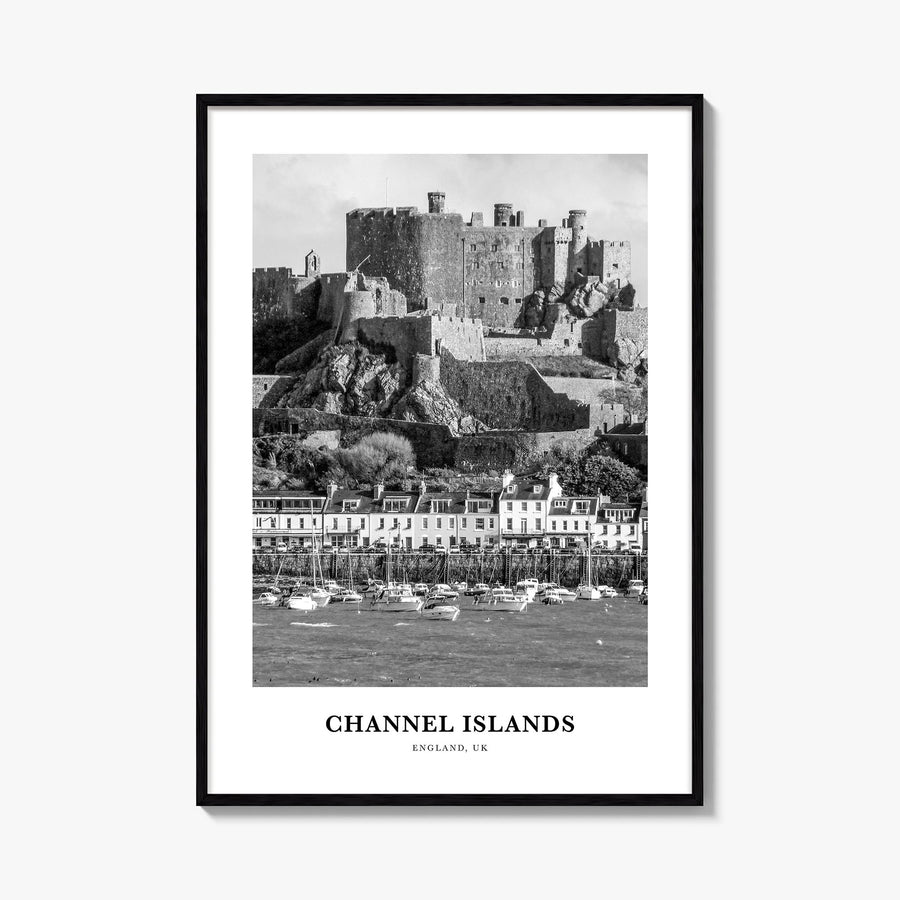 Channel Islands, England black & white classic poster of United Kingdom – vertical wall art, unframed print shown in interior