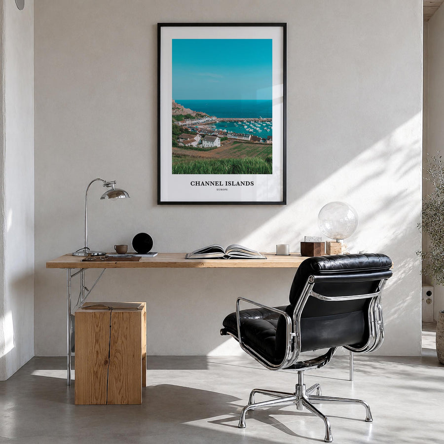 Channel Islands, England colorful classic poster of United Kingdom – vertical wall art in black wood frame, hanging on wall