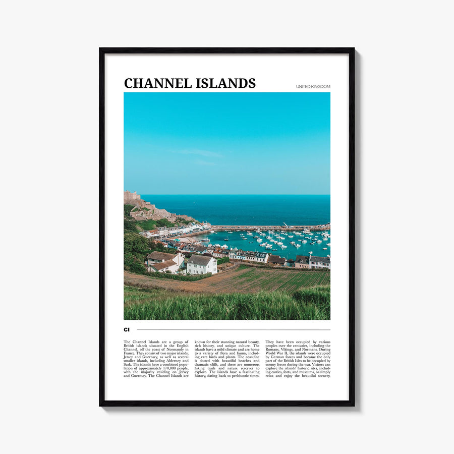 Channel Islands, England colorful travel poster of United Kingdom – vertical wall art, unframed print shown in interior mocku