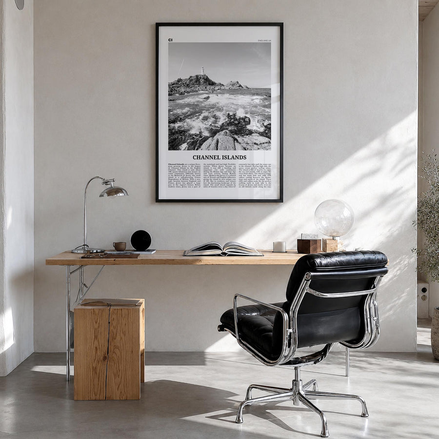 Channel Islands, England no. 2 black & white newspaper poster of United Kingdom – vertical wall art in black wood frame, hang