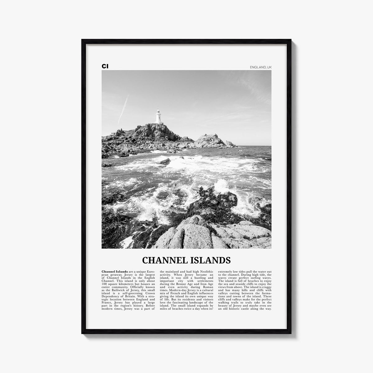 Channel Islands, England no. 2 black & white newspaper poster of United Kingdom – vertical wall art, unframed print shown in 