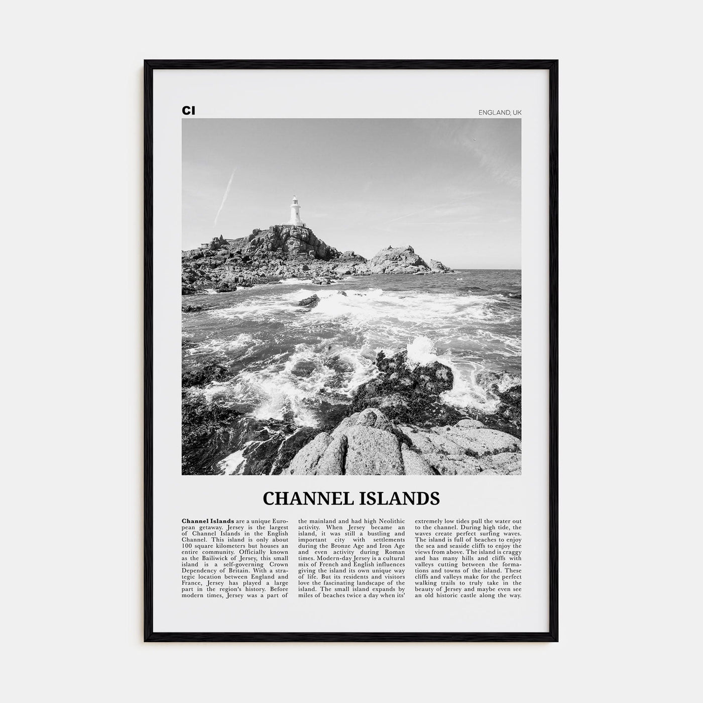 Channel Islands, England No 2 Poster Black Wood / 8x12 in Nbourhood Travel B&W Poster