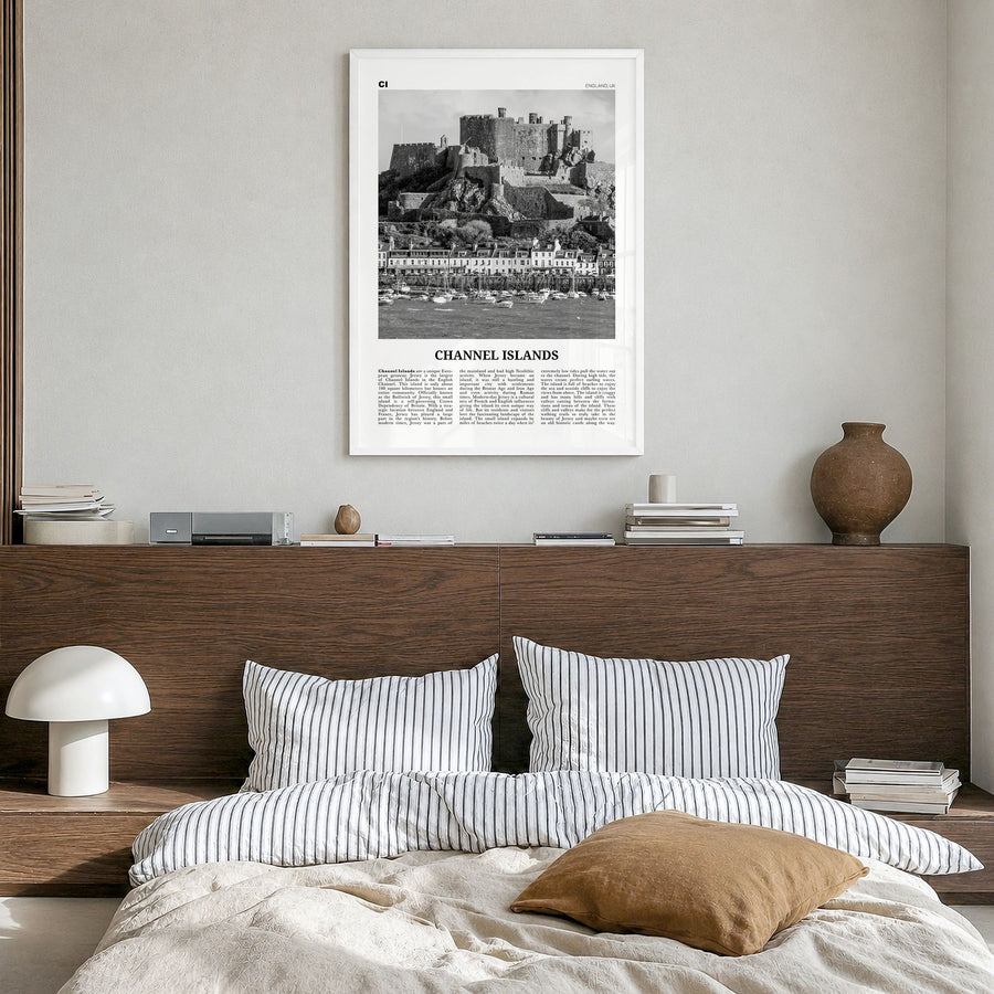 Channel Islands, England Newspaper No 1 Poster in a white wood frame, hanging in a bedroom
