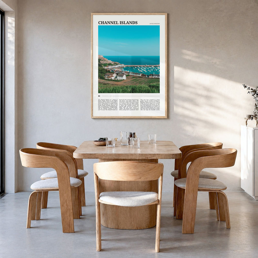 Channel Islands, England Travel Poster in a natural wood frame, hanging in a dining room