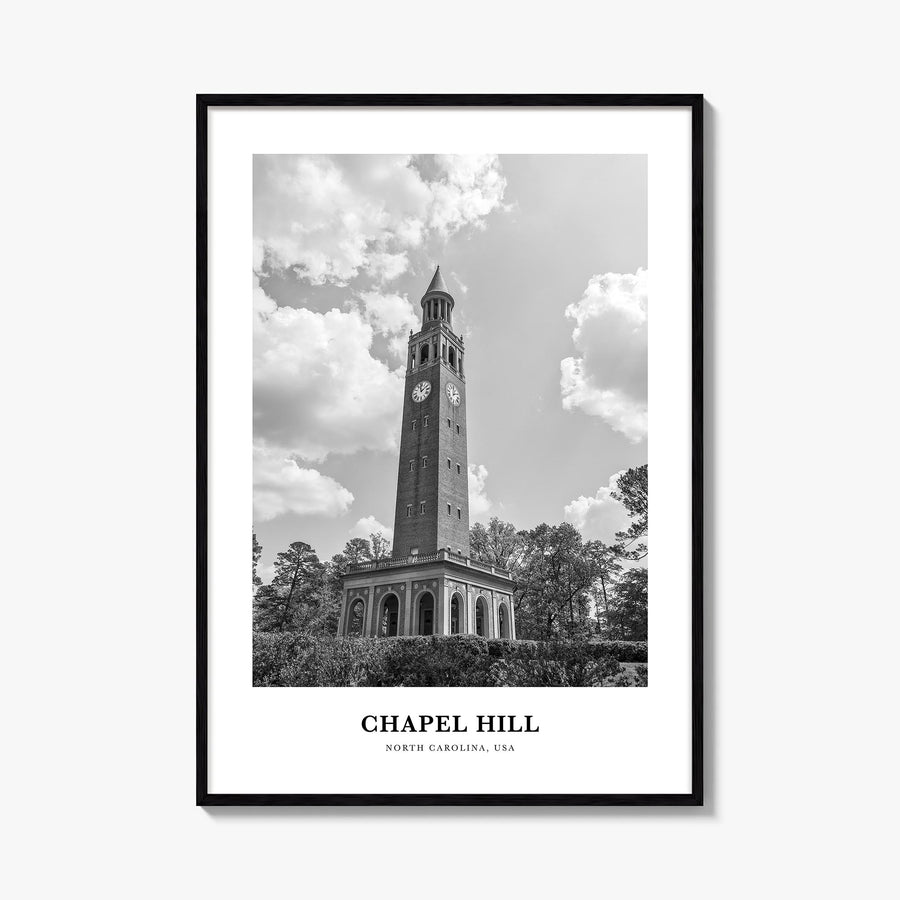 Chapel Hill black & white classic poster of North Carolina, USA – vertical wall art, unframed print shown in interior mockup