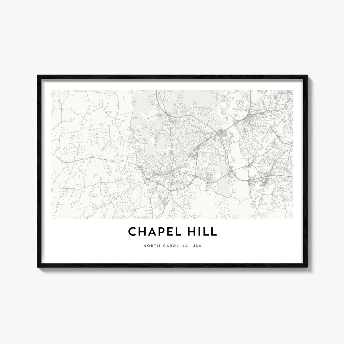 Chapel Hill black & white map poster of North Carolina, USA – horizontal wall art, unframed print shown in interior mockup