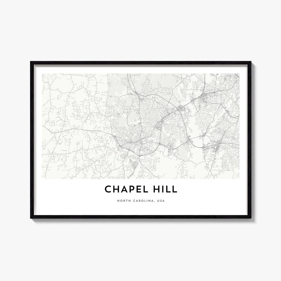 Chapel Hill black & white map poster of North Carolina, USA – horizontal wall art, unframed print shown in interior mockup