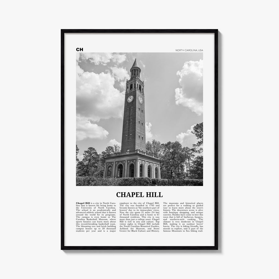 Chapel Hill black & white newspaper poster of North Carolina, USA – vertical wall art, unframed print shown in interior mocku