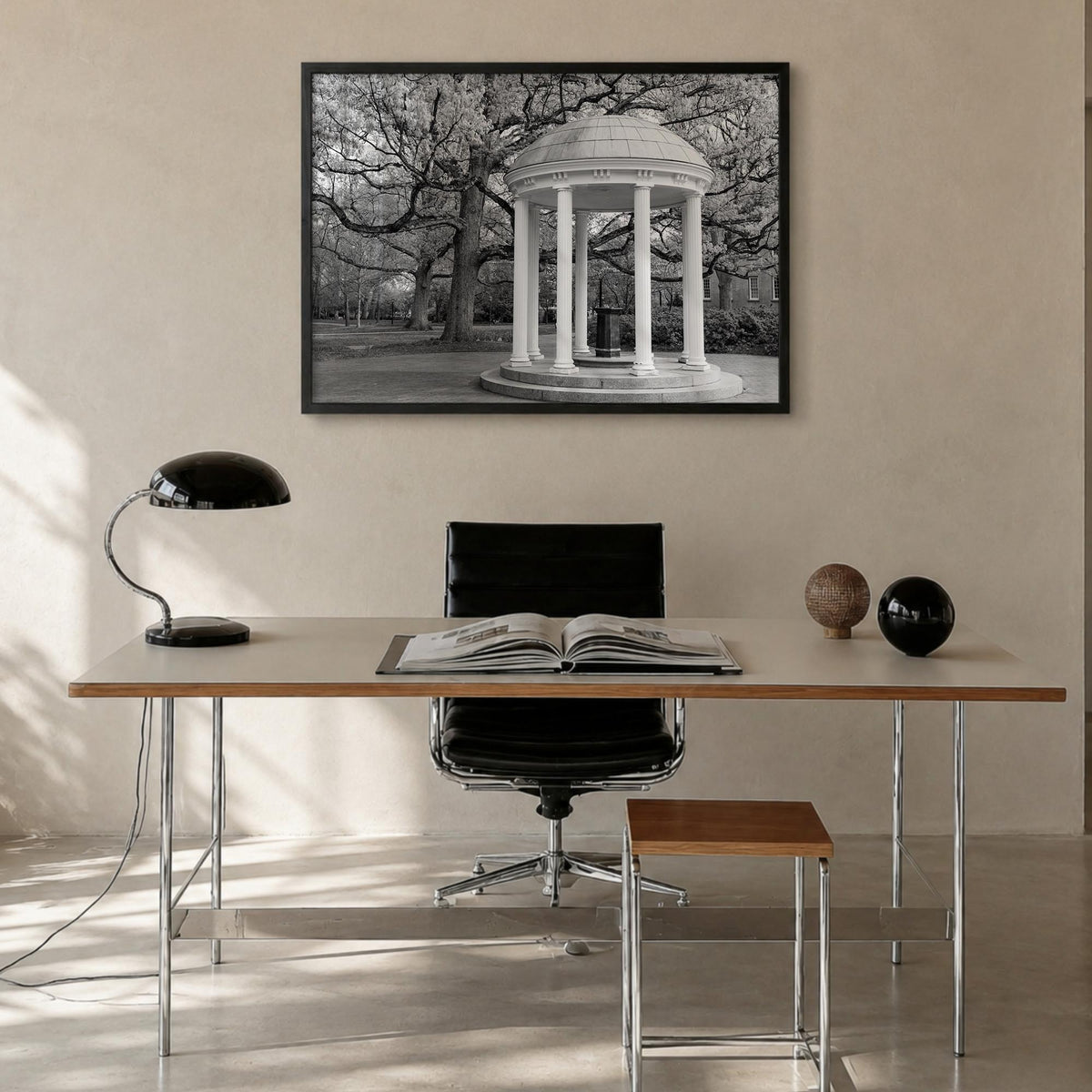 Chapel Hill black & white photo poster of North Carolina, USA – horizontal wall art in black wood frame, hanging on wall