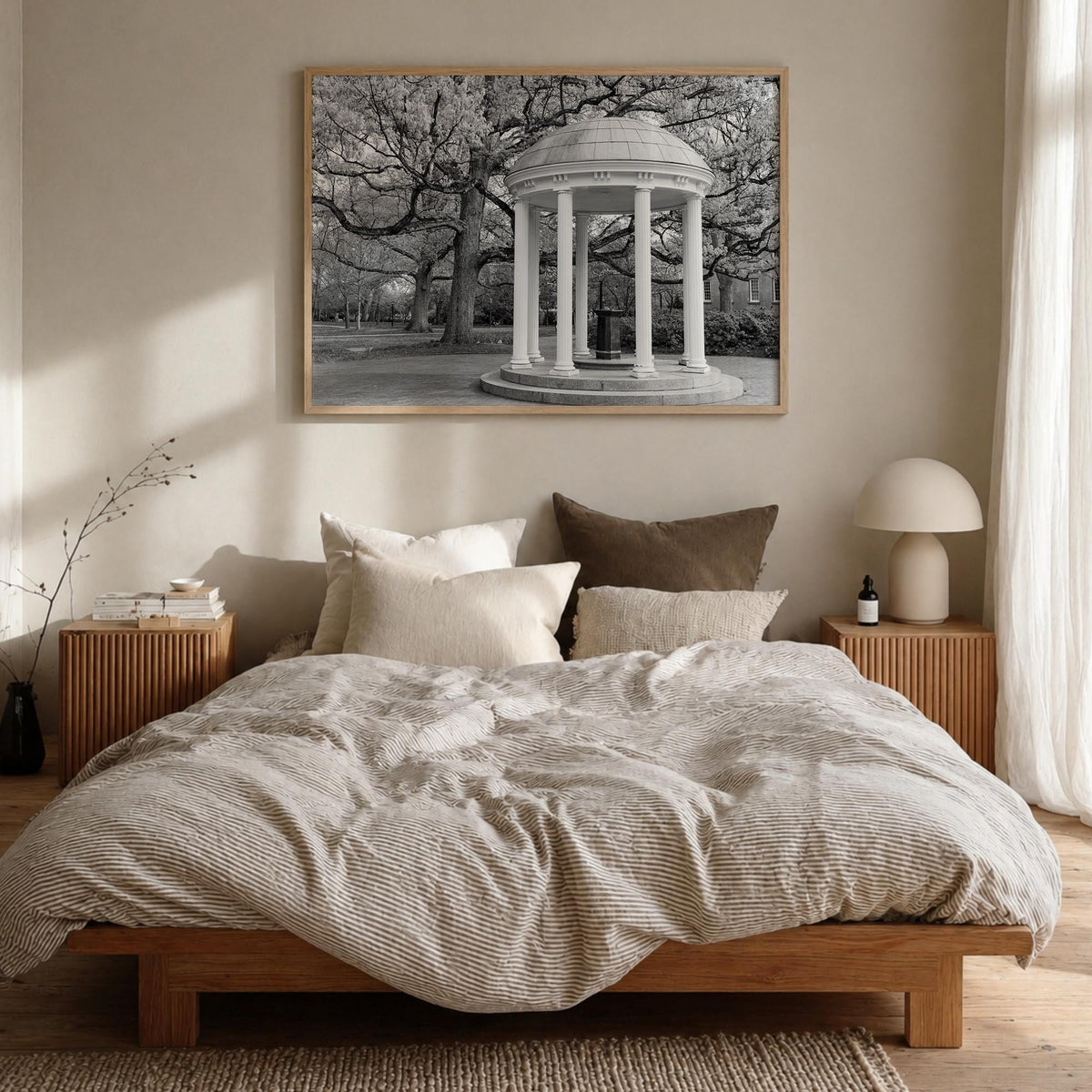 Chapel Hill black & white photo poster of North Carolina, USA – horizontal wall art in natural wood frame, hanging on wall