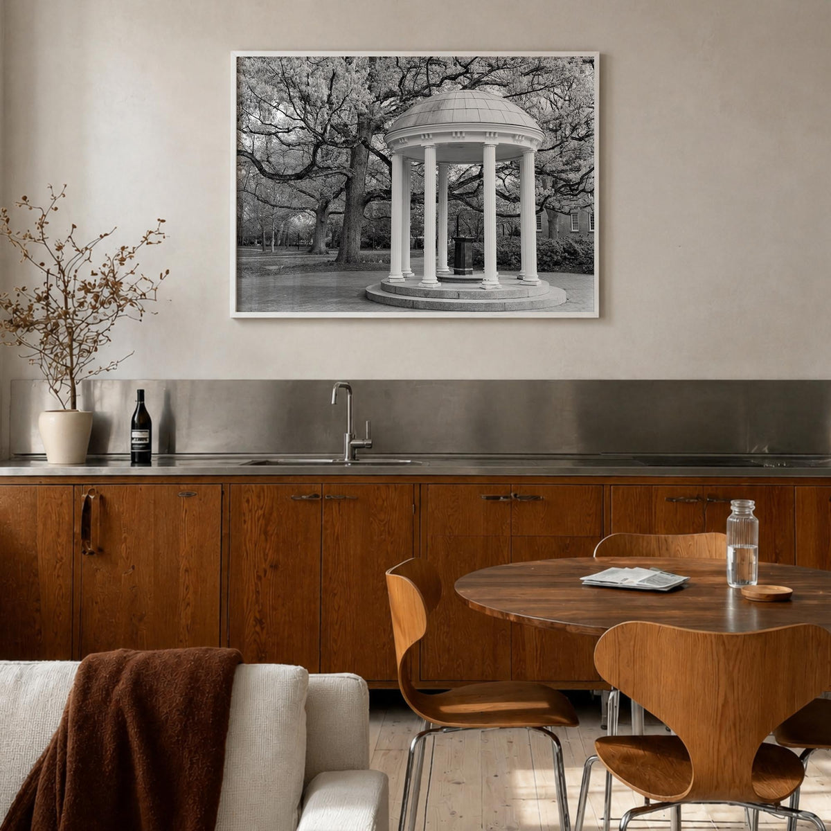 Chapel Hill black & white photo poster of North Carolina, USA – horizontal wall art in white wood frame, hanging on wall