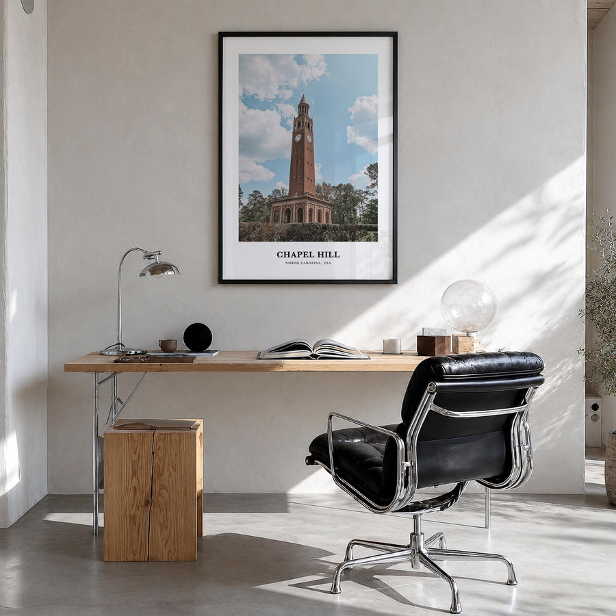 Chapel Hill colorful classic poster of North Carolina, USA – vertical wall art in black wood frame, hanging on wall