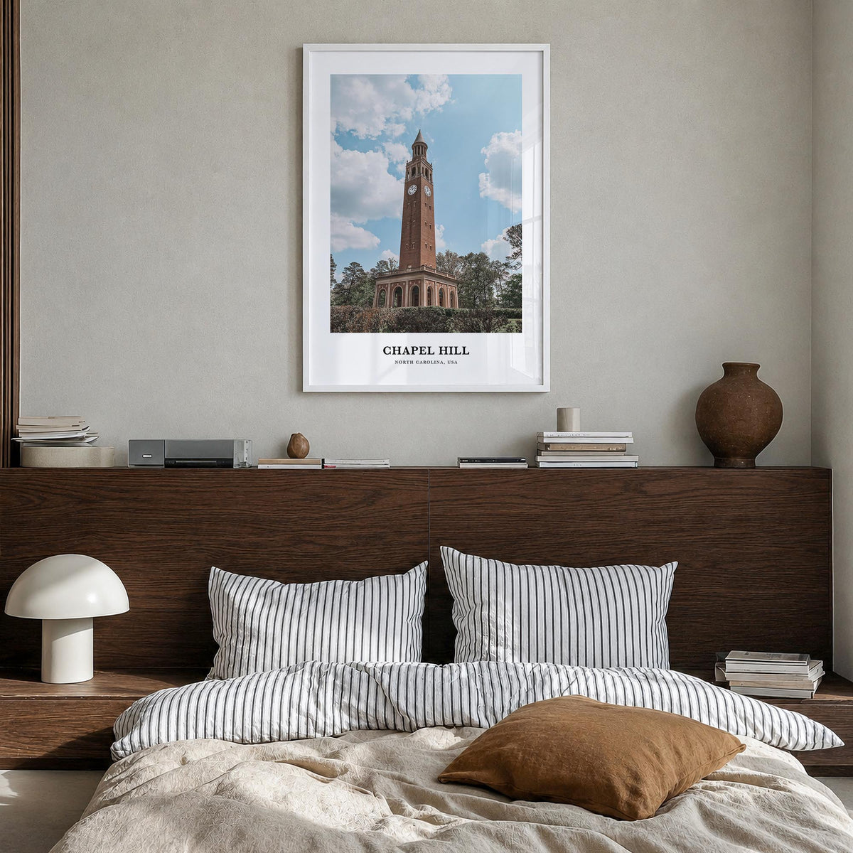 Chapel Hill colorful classic poster of North Carolina, USA – vertical wall art in white wood frame, hanging on wall