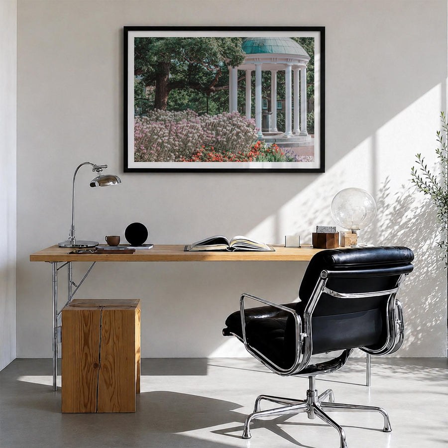 Chapel Hill colorful photo poster of North Carolina, USA – horizontal wall art in black wood frame with white border, hanging