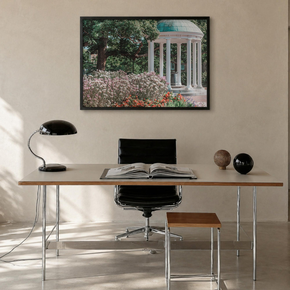 Chapel Hill colorful photo poster of North Carolina, USA – horizontal wall art in black wood frame, hanging on wall