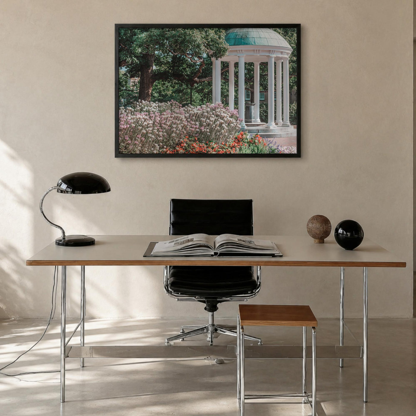 Chapel Hill colorful photo poster of North Carolina, USA – horizontal wall art in black wood frame, hanging on wall