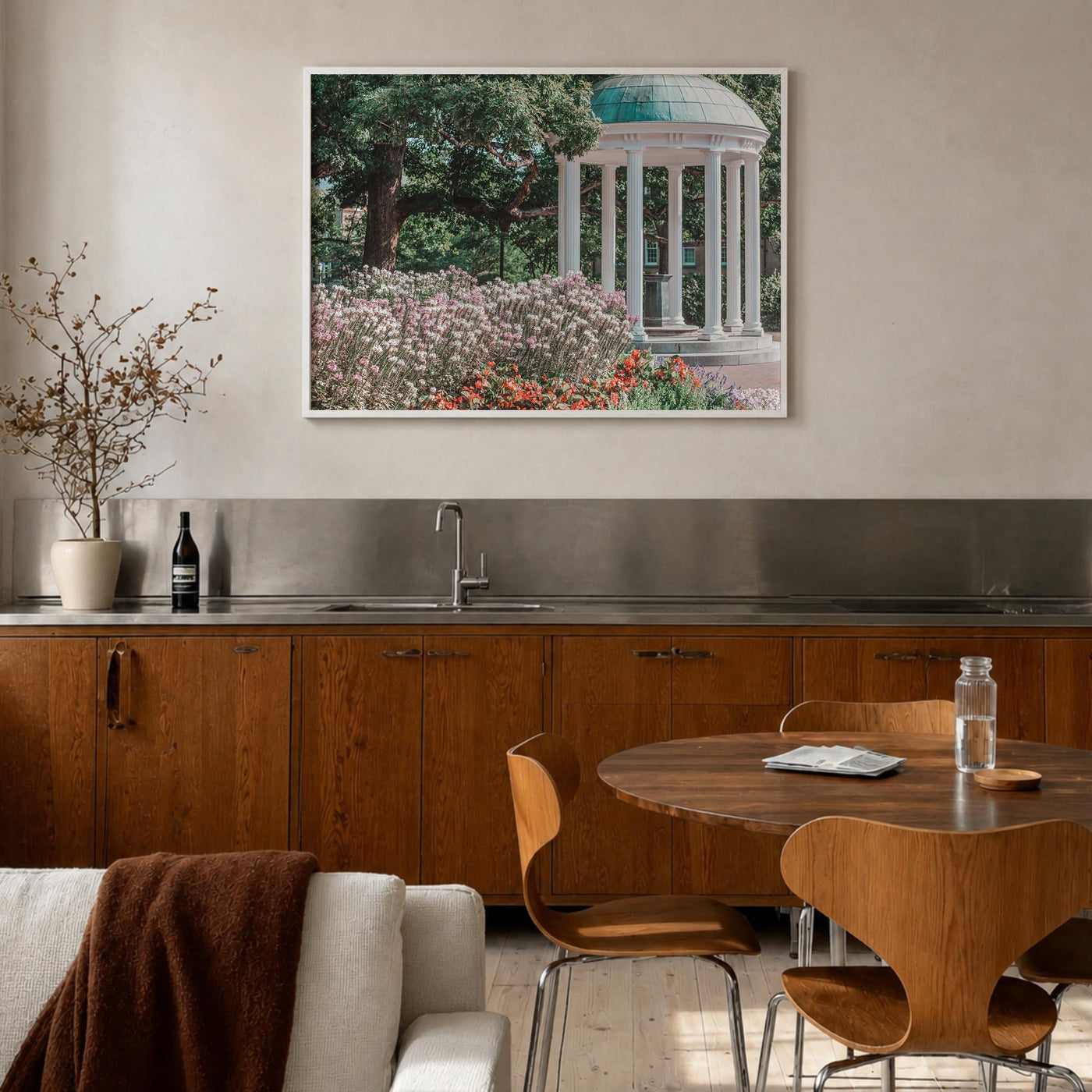 Chapel Hill colorful photo poster of North Carolina, USA – horizontal wall art in white wood frame, hanging on wall