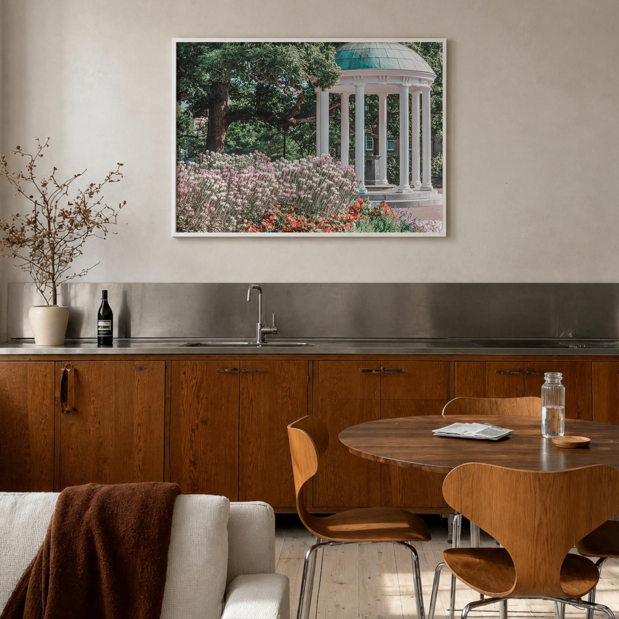 Chapel Hill colorful photo poster of North Carolina, USA – horizontal wall art in white wood frame, hanging on wall