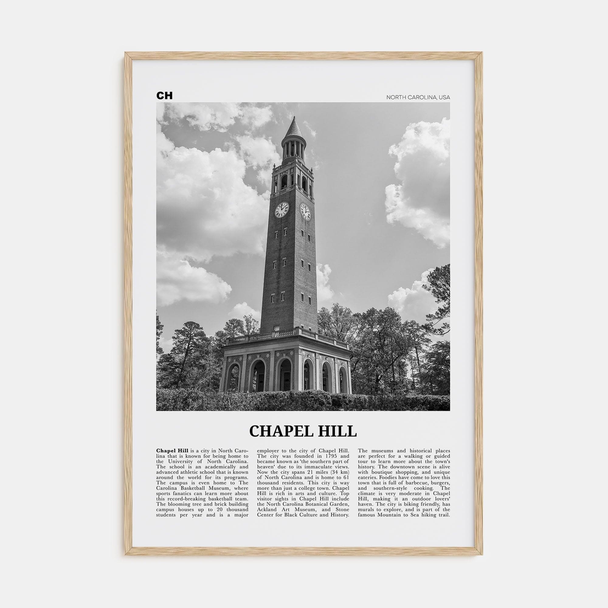 Chapel Hill Poster Natural Wood / 8x12 in Nbourhood Travel B&W Poster