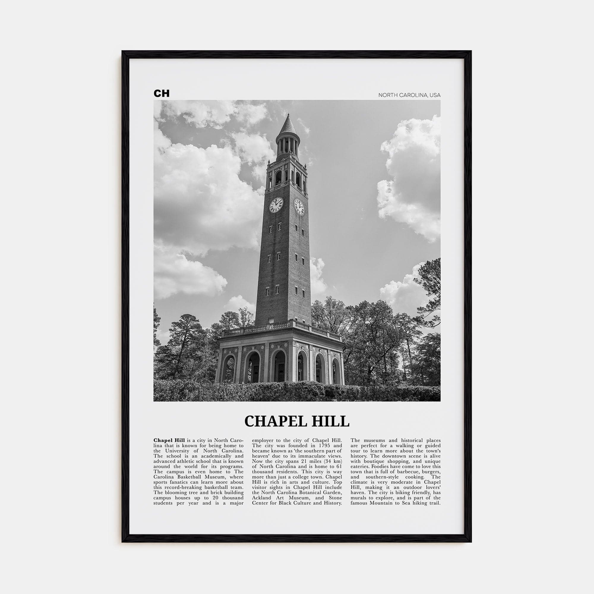 Chapel Hill Poster Black Wood / 8x12 in Nbourhood Travel B&W Poster