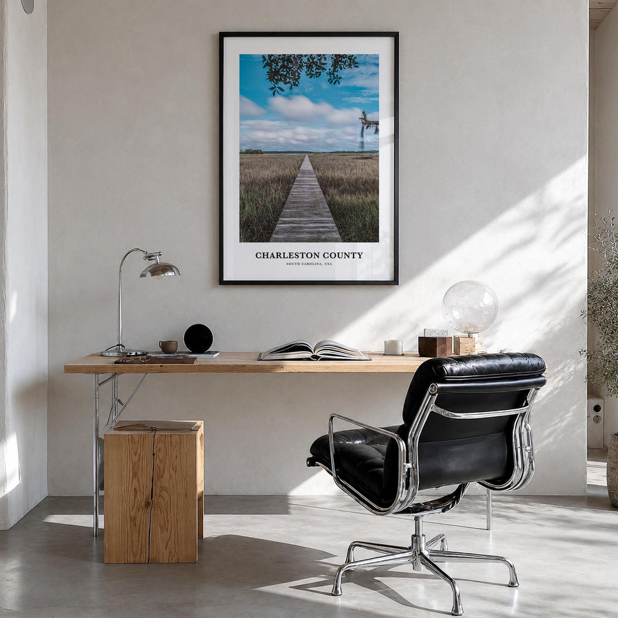 Charleston County colorful classic poster of South Carolina, USA – vertical wall art in black wood frame, hanging on wall