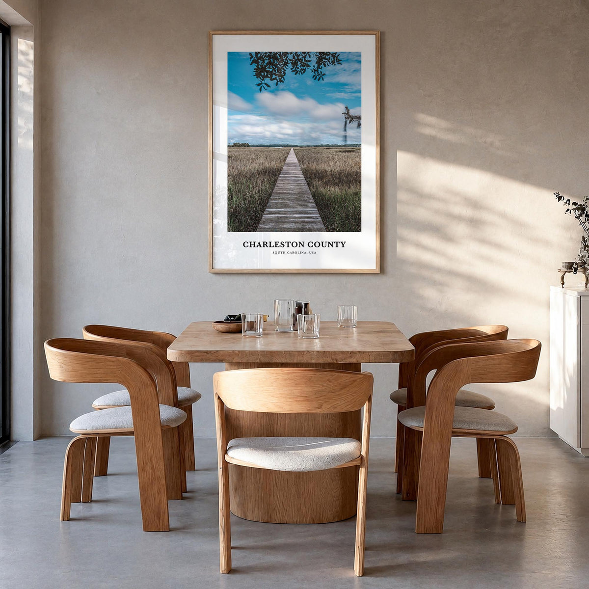 Charleston County colorful classic poster of South Carolina, USA – vertical wall art in natural wood frame, hanging on wall