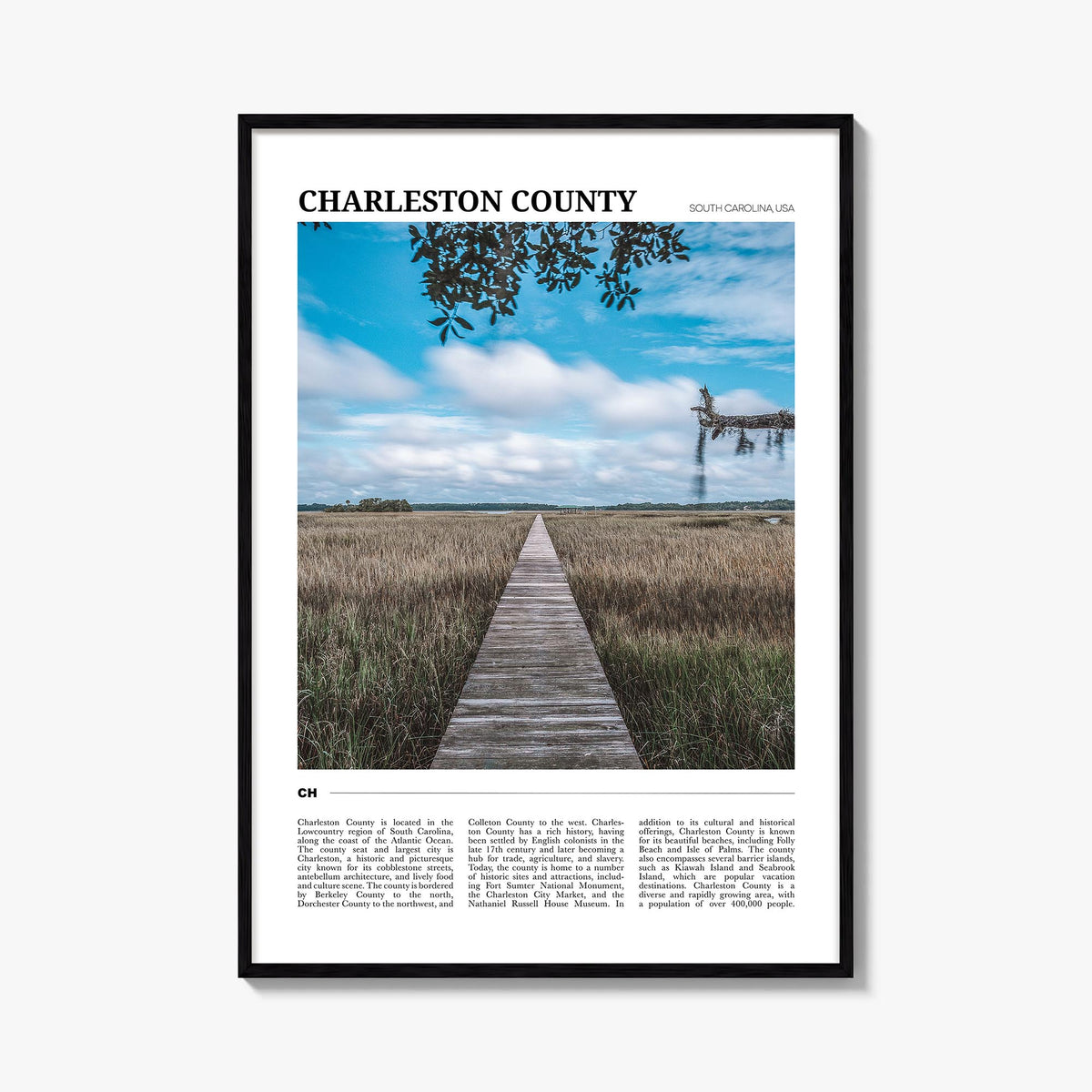 Charleston County colorful travel poster of South Carolina, USA – vertical wall art, unframed print shown in interior mockup
