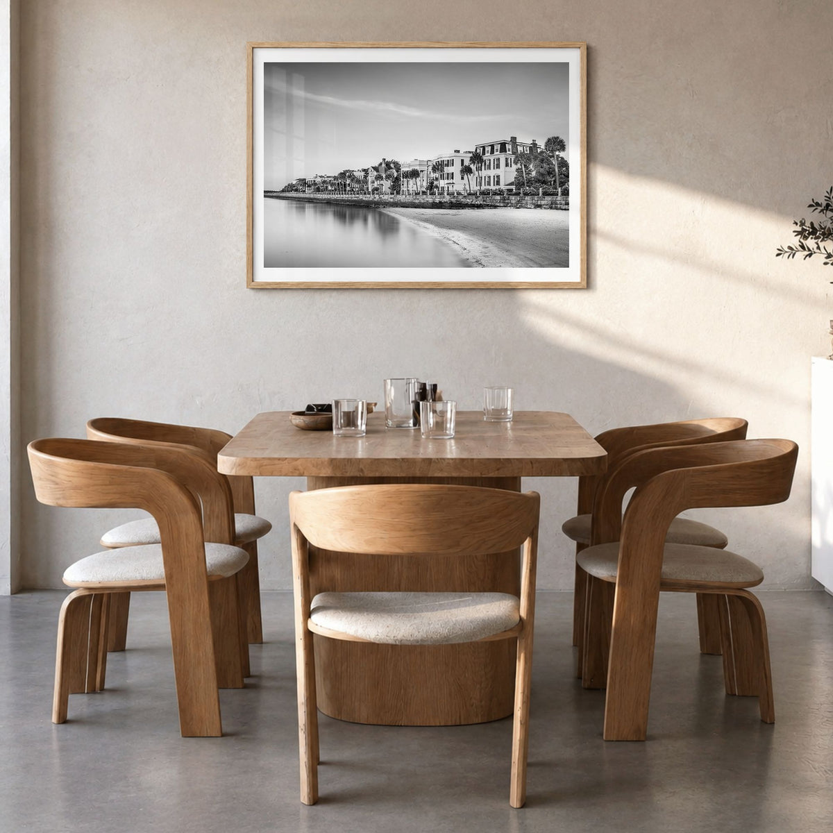Charleston, South Carolina Photo Poster in a natural wood frame, hanging in a dining room, white border